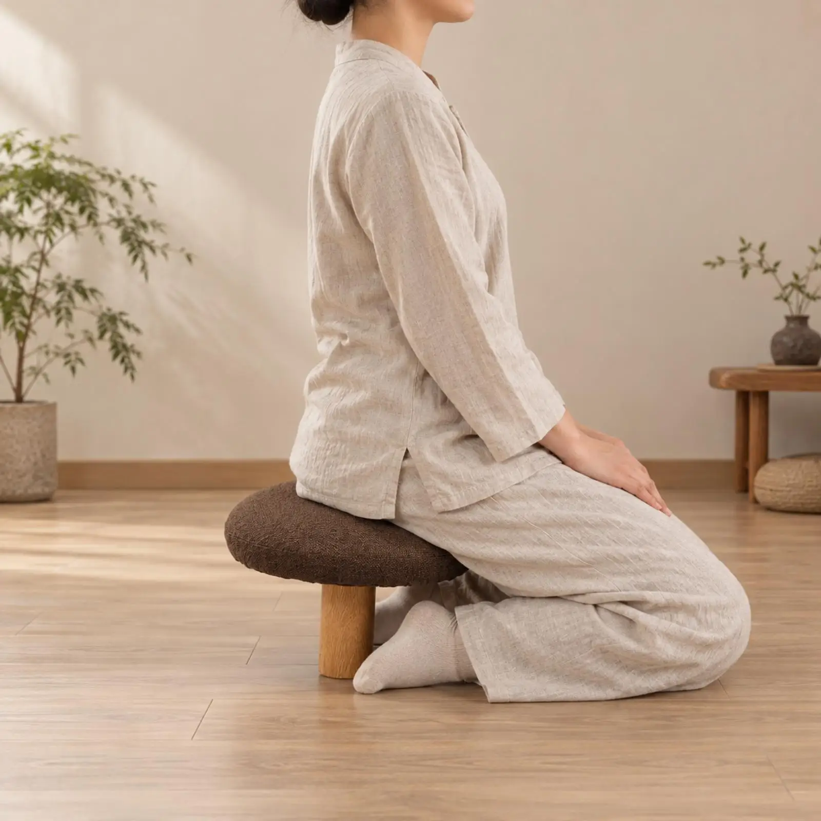 Meditation Kneeling Stool with Soft Padded for seat Single Wood Leg for Prayer Reading Yoga Home Decor Piece