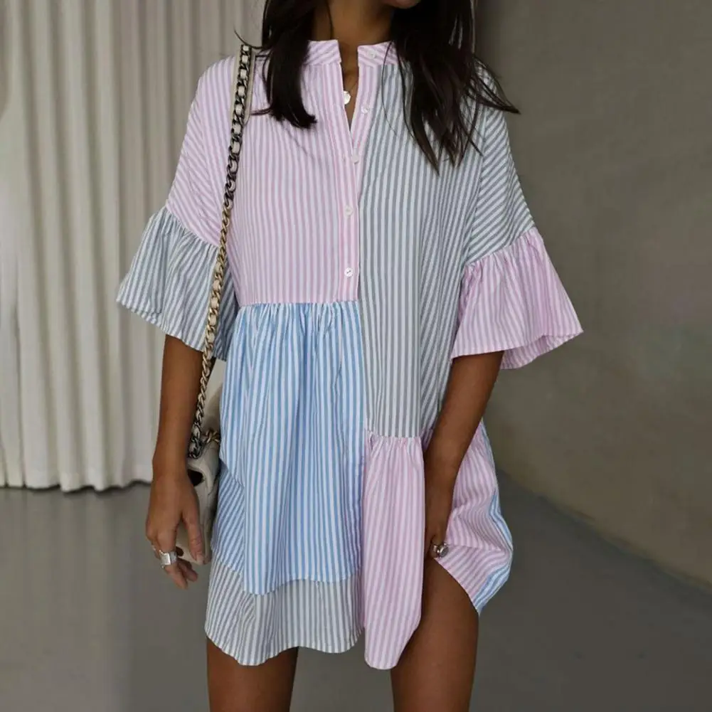

Dress Elegant Striped Colorblock A-line Dress with Pleated Hem for Women for Work Date Nights Summer Parties Contrast Color