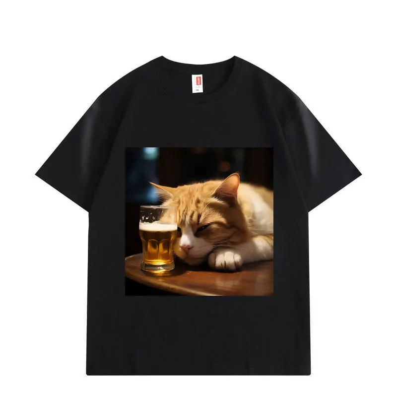 Fun Drunken Cat Pattern T-shirt Women's High Quality Fashion T-shirt Summer Casual T-shirt Round Neck Short Sleeve