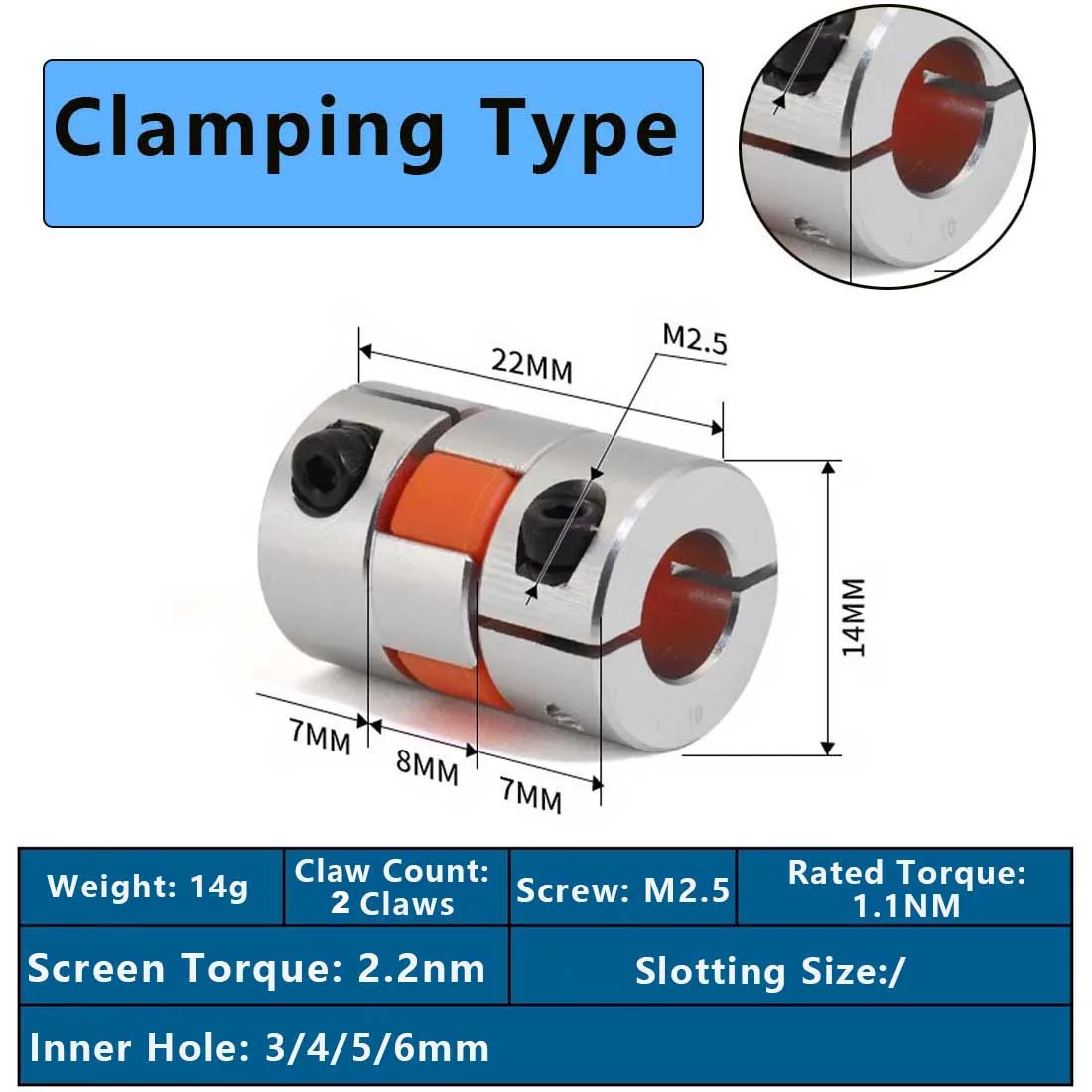CNC Motor Jaw Shaft Couplers Flexible Spider Plum Shaft Coupling D14*L22 3mm 4mm 5mm 6mm 7mm 8mm Clamping type Elastic Coupling