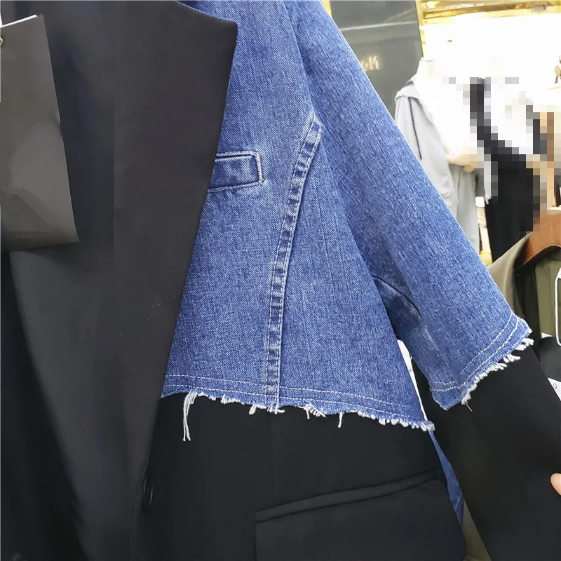 Vintage denim retalhos blazer jaqueta feminina grande bolso manga longa outerwear feminino solto meados de comprimento jeans emenda terno casaco