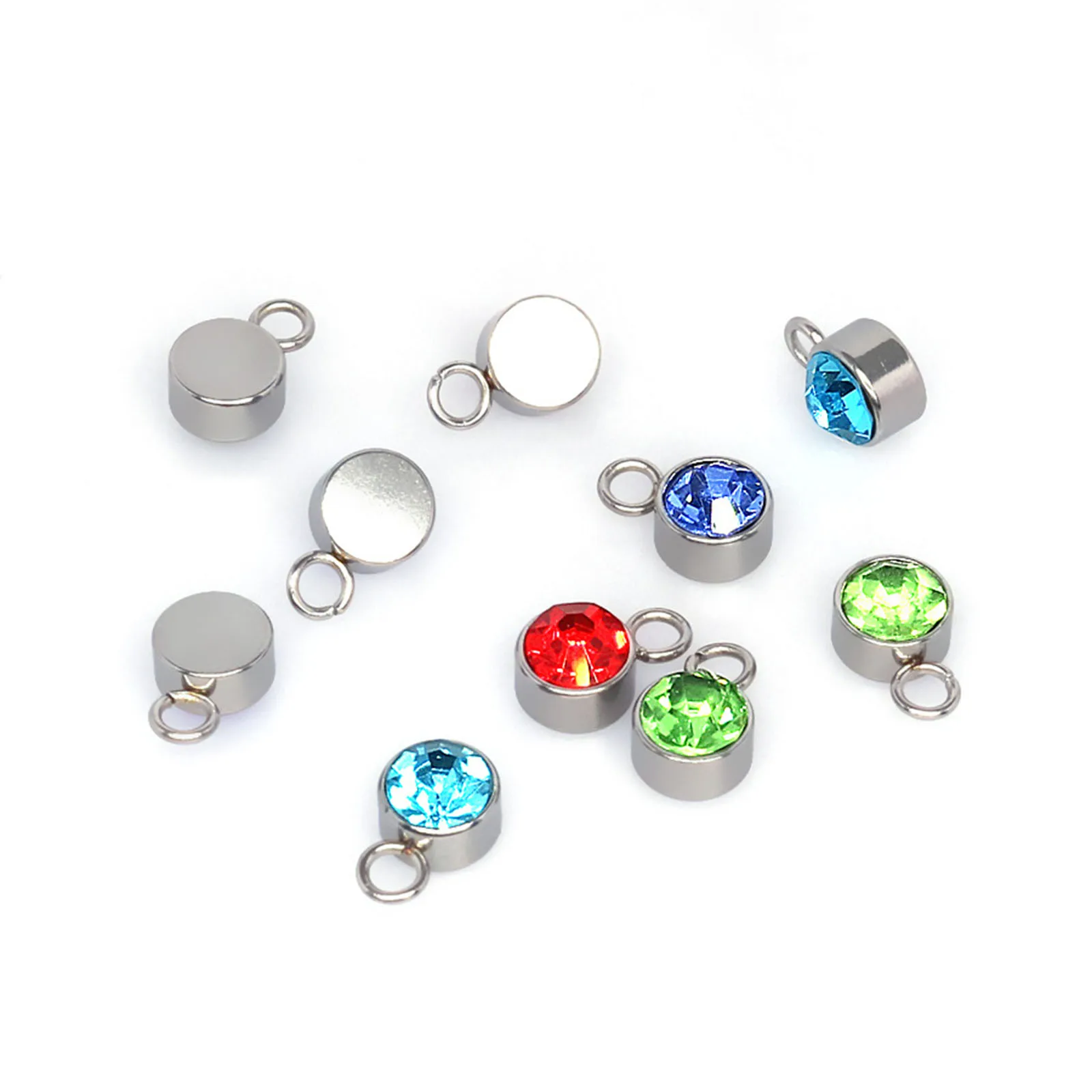 10PCs 6mm 304 Stainless Steel Round Birthstone Charm Pendant Zircon Beads For Jewelry Making Diy Bracelet Earring Craft Supplies