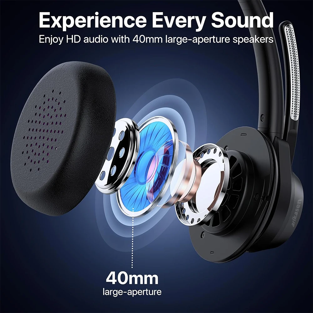 Bluetooth-Headset, kabellose Bluetooth V5.4-Kopfhörer mit Mikrofon, kabelloses Multipoint Connect-Headset mit Geräuschunterdrückung und Mikrofon – Detail 27