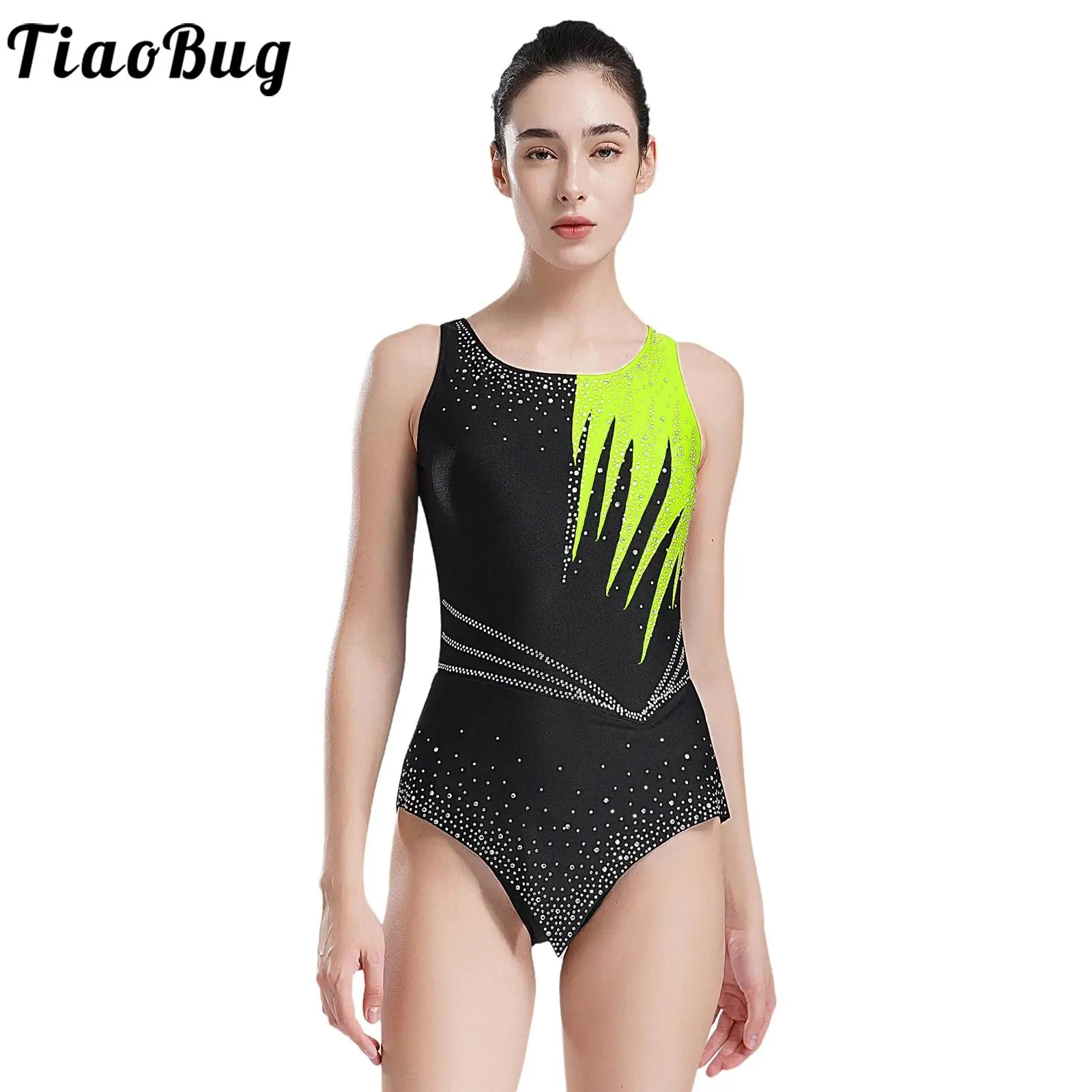 Womens Artistic Gymnastics Leotard Ballet Dance Bodysuit Sleeveless Shiny Rhinestones Skating Competition Performance Costume