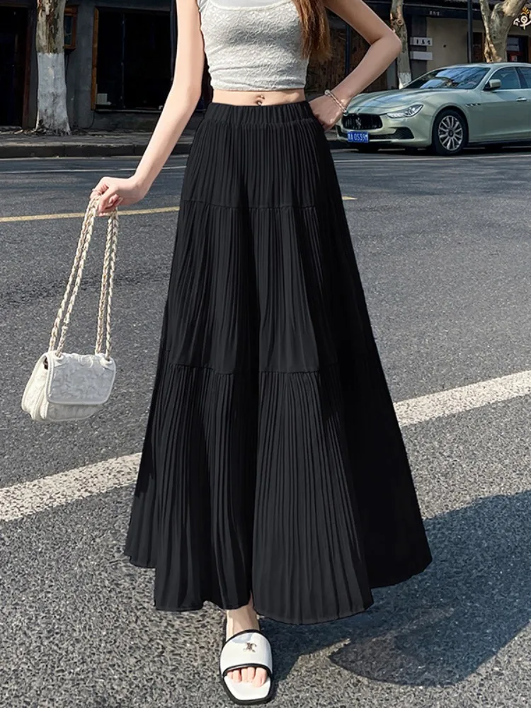 Ele Gentle Sle High Waist Plissee A-Linie Midirock Damen Neu 2025, schlankmachender, hüftbedeckender, langer Dra-Rock