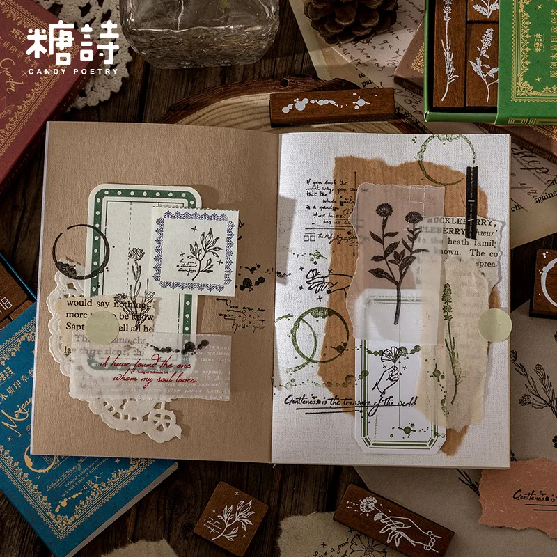 JIANWU 6 Pcs Vintage Sketch Plants Wooden Stamp DIY Scrapbooking Diary Decorative Wooden Rubber Seal Kawaii Stationery Supplies