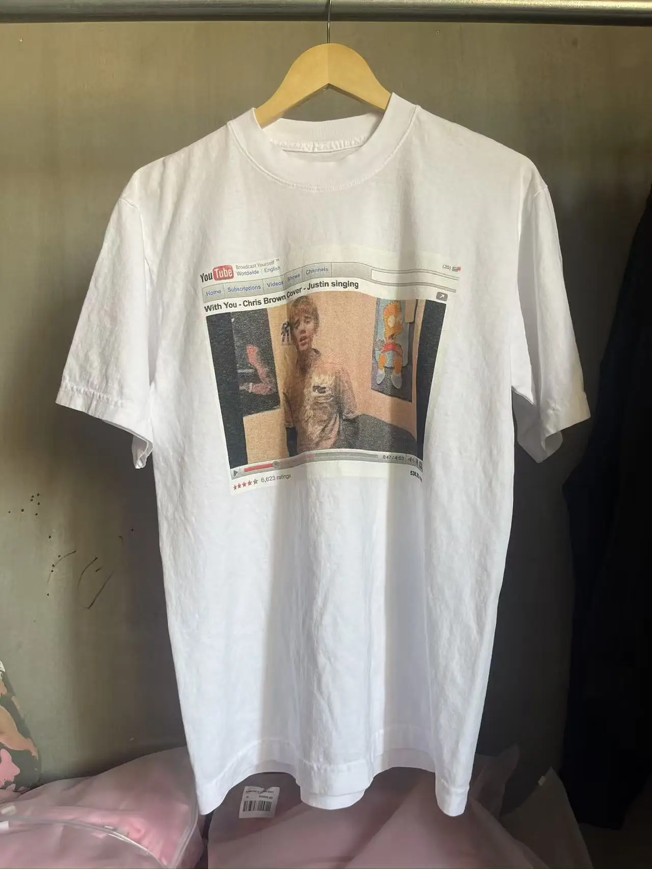 

Justin Bieber Collaborative Edition White Short Sleeve T-Shirt SKYLRK Coachella Print Knitted Cotton Breathable Sweat Absorbent