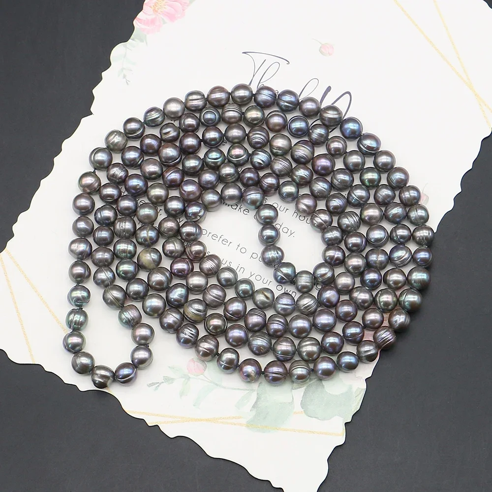 Creative Dyed Black Natural Freshwater Textured Straight-hole Round Pearl Necklace 122cm Jewelry Accessories Gift Souvenir