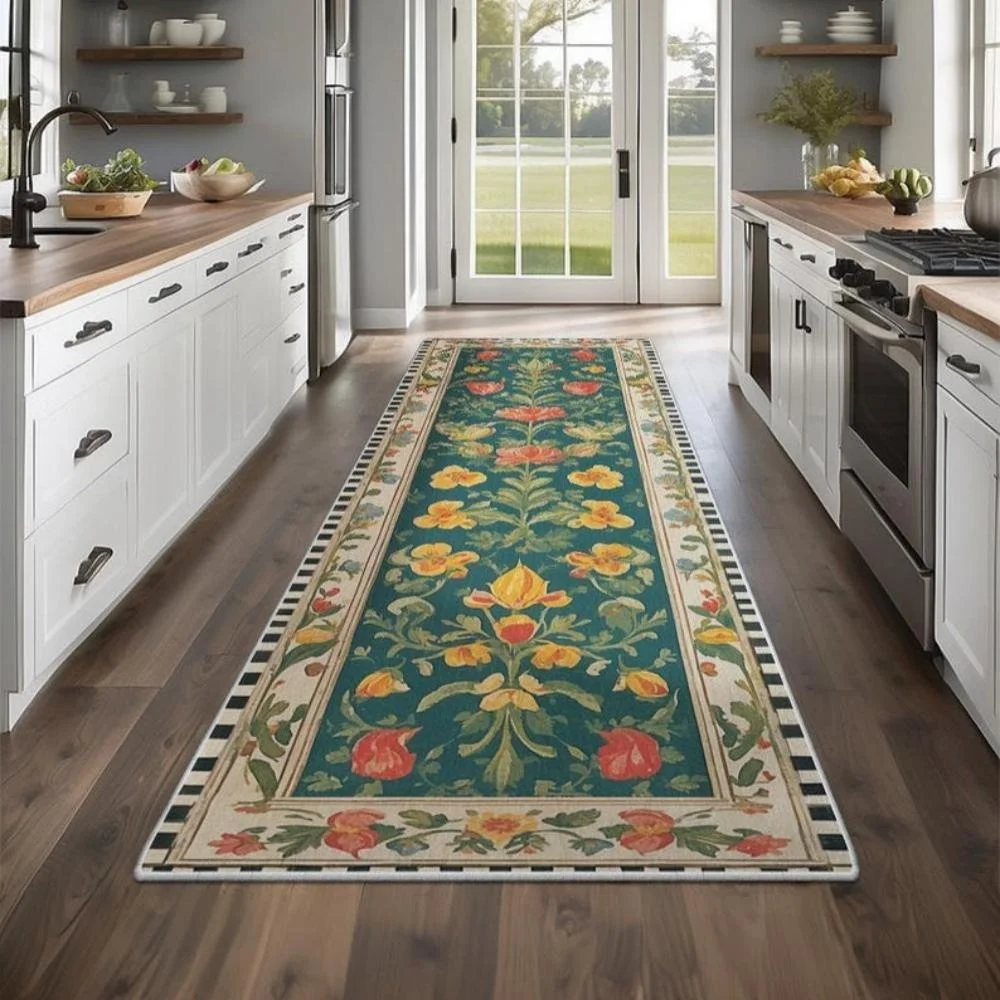 VIKAMA Vintage-Teppich mit Blumenmuster für den Flur, maschinenwaschbar, Heimdekoration, Waschküche, rutschfest, schmutzabweisend, modische Matte für den Balkon