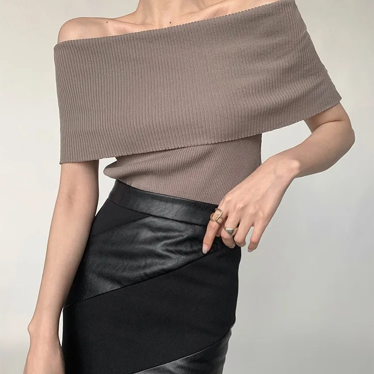 

2025 Summer New Retro Sexy One-word Shoulder Slim and Thin Off-the-shoulder Vest T-shirt Top