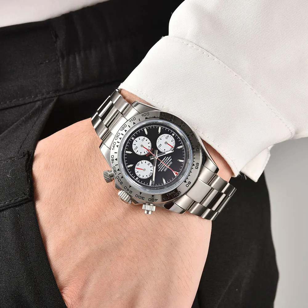 Silver custom men wristwatch VK63 movement chronograph sapphire glass stainless steel strap Business men waterproof watch 10Bar