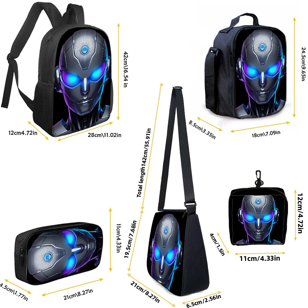 1/2/3/4/5PCS Robot Print Backpack Set | Perfect for School & Daily Travel