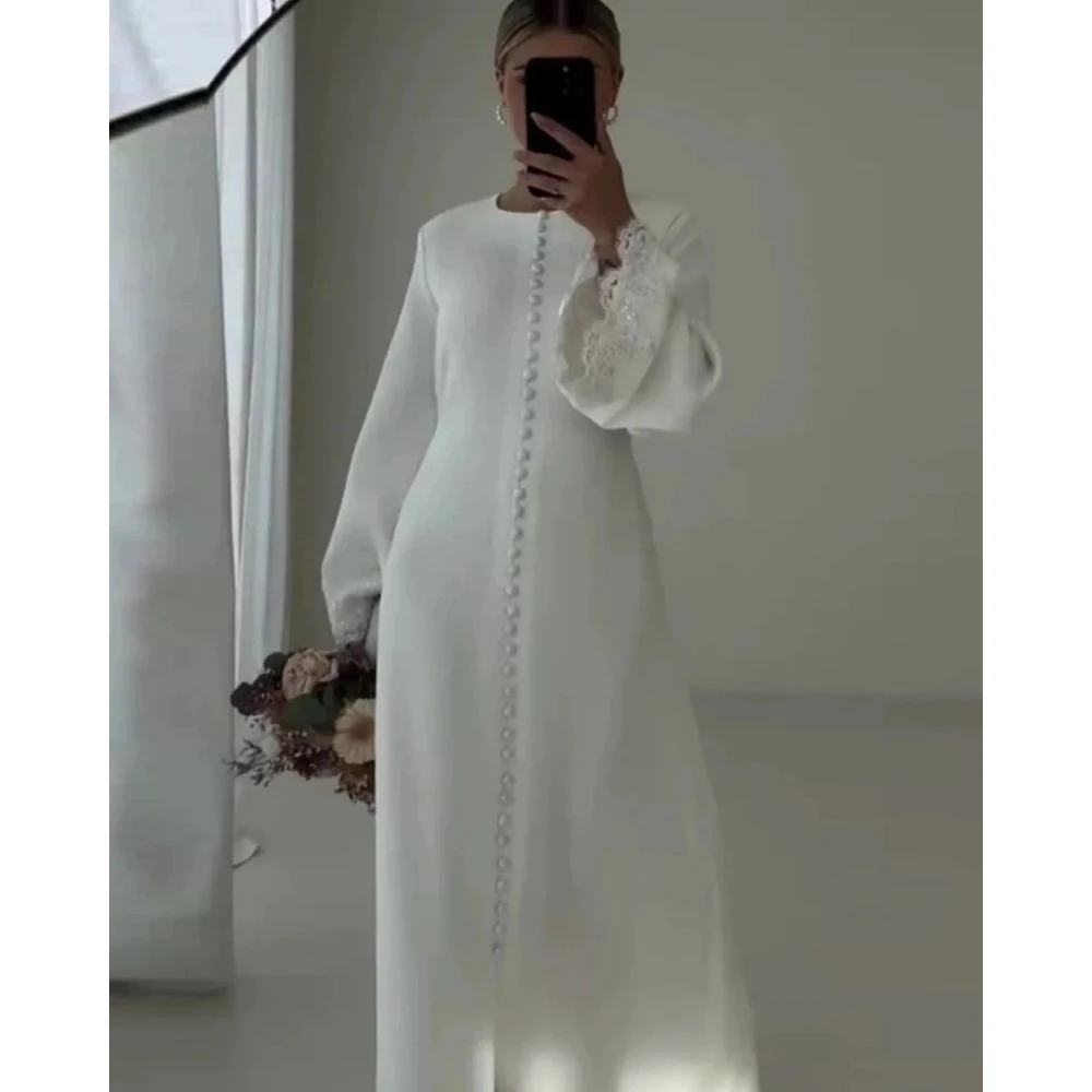 Vestidos de novia sencillos para mujer, personalizados, cuello redondo, encaje, manga larga, botones con hendidura, línea A, largo hasta el suelo, 2026