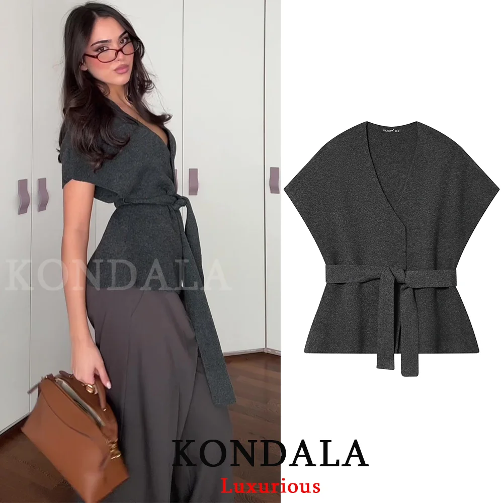KONDALA Sexy Chic Dark Gray Women Cardigans V Neck Sleeveless Sashes Sweaters Women Fashion 2026 Spring Summer Elegant Women Top