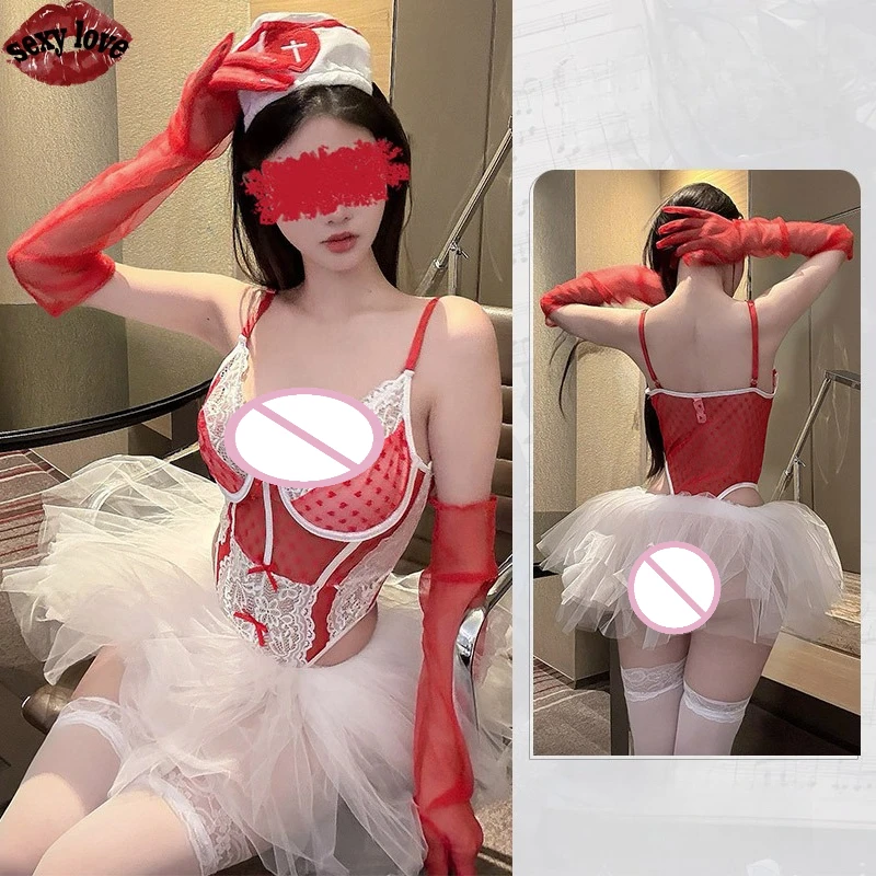 新製品 セクシーなナースドレス（女性用） 白いレースのリボンとハート型デザイン セクシーで美しい誘惑セット