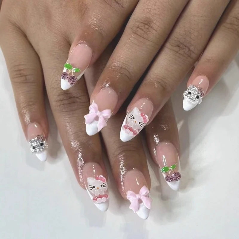 

24pcs French Hello Kitty Long Almond False Nails Pink Sweet Bowknot Full Cover Press On Nails Kawaii Pearl Wearable Fake Nails T