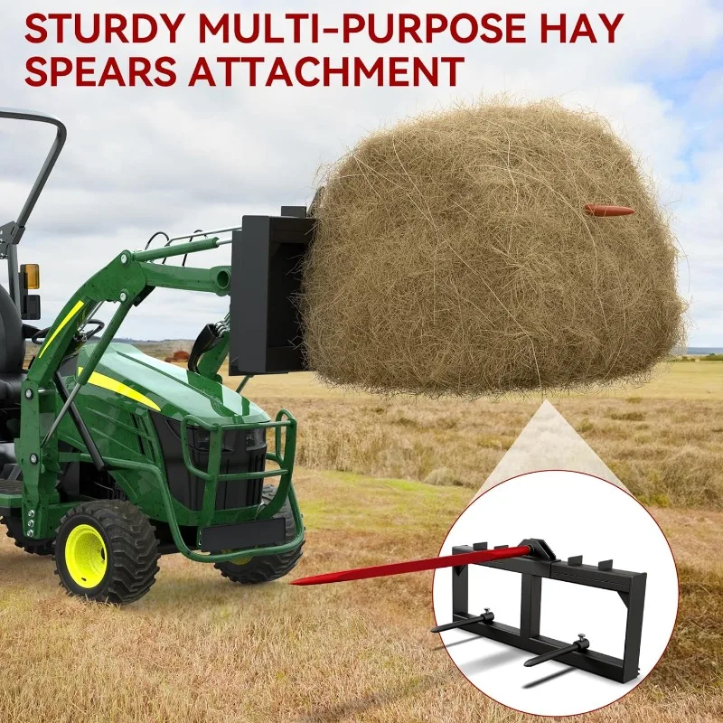 49" Hay Spear Attachment, 3000lbs Capacity Quick Attach for Bobcat Tractors & Skid Steer Loader with 1pc 49" Red Hay Spear