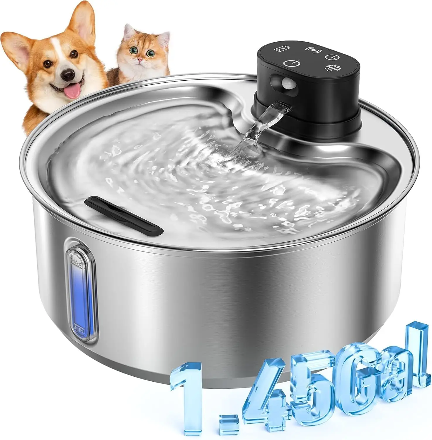

Stainless Steel Cat Water Fountain, 186fl.oz/1.45Gal Wireless Pet Water Dispenser Battery Operated, Auto Drinking for Cats&Dogs