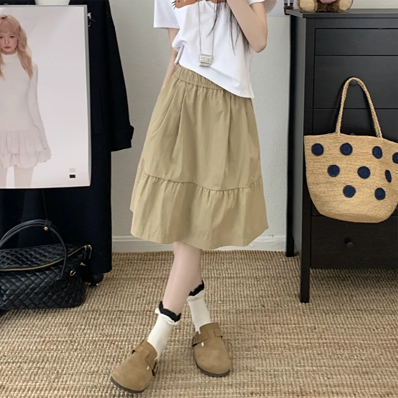 Japanese Preppy Midi Skirt Women Summer Sweet Loose Casual Pleated Skirts High Waist A Line Solid Simple Student Harajuku Skirt