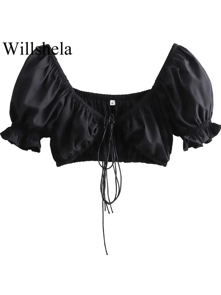 Willshela Women Fashion Solid Lace Up Cropped Shirt Vintage V-Neck Short Puff Sleeves Female Chic Lady Blouse