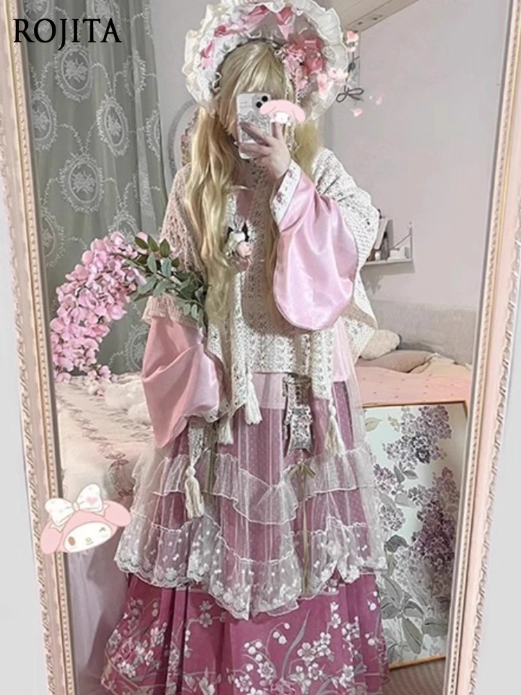 

Vintage Horse Face Skirt Daily Cute Style Hanfu Lolita Skirt Women's Sets Pink Top + Rose Red Horse Face Skirt + Shawl + Cover
