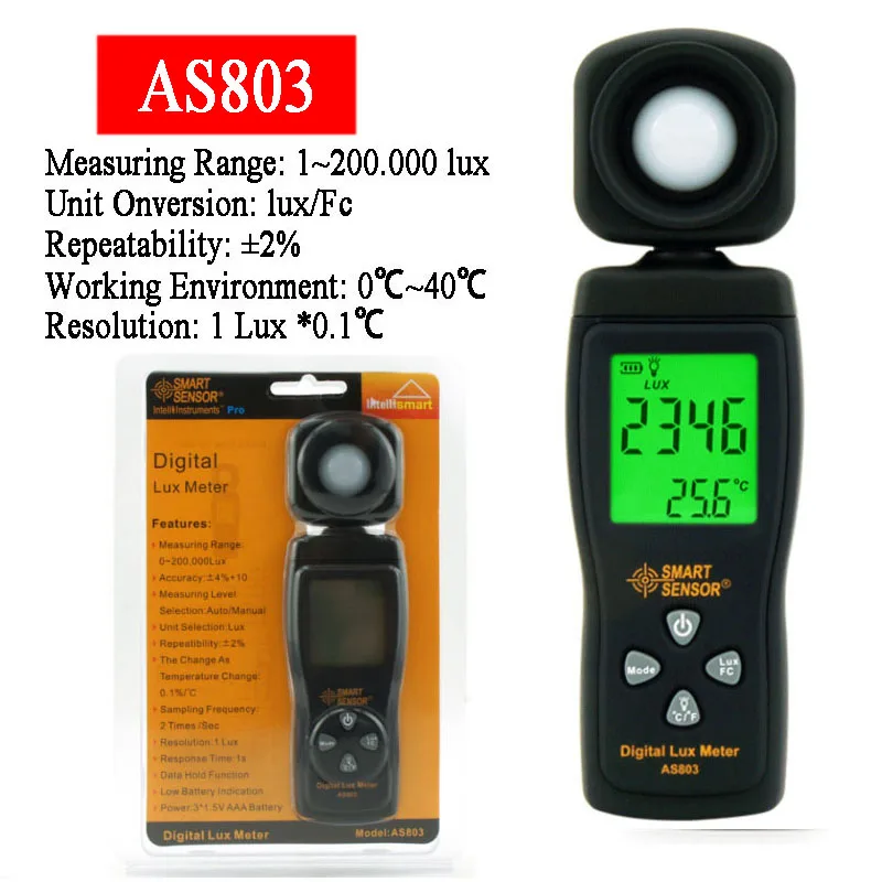 SENSOR inteligente AS803, medidor de luz Lux/Fc, fotómetro Digital para fotografía, iluminómetro, probador ambiental, espectómetro