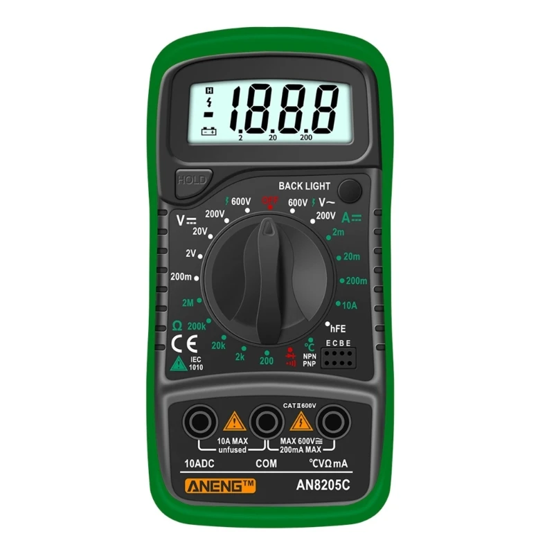 

AN8205C Multimeter with Thermocouple LCD Backlit Foldable Bracket Silicone Cover