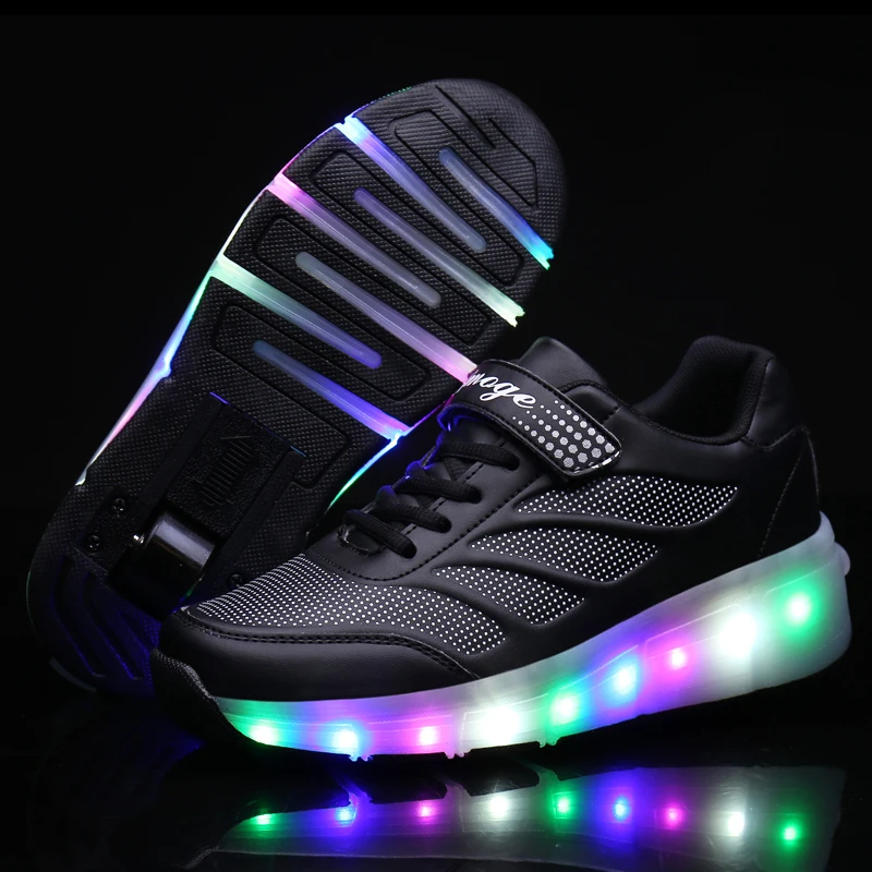 Fashion boys and girls double wheel luminous sneakers children roller skates with USB charging function LED