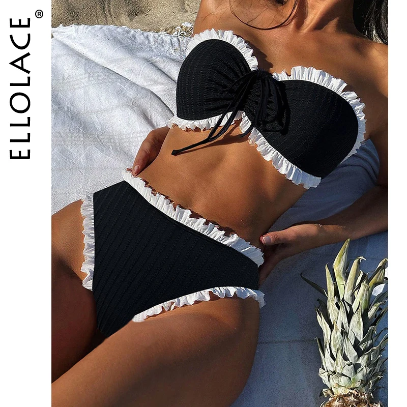 

Ellolace Sissy Women's Swimsuit 2025 Strapless Youth Girls' Padded Pleated Bra Underwear Sexy 2PC Ruffles Bikini Set Beachwear