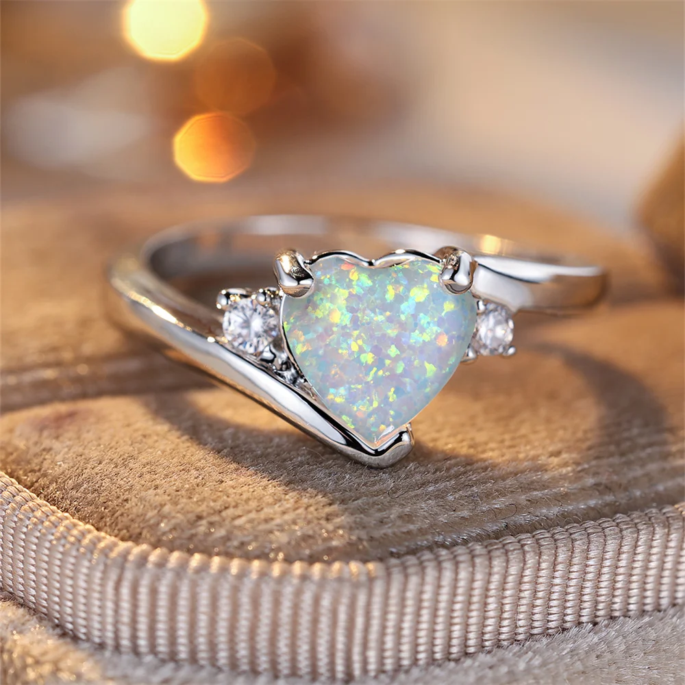 Blue White Opal Love Heart Stone Rings For Women Classic Silver Color Wedding Band Engagement Promise Jewelry Mother's Day Gifts