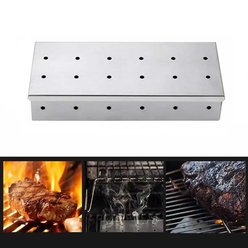 Durable Smoking Stainless Steel BBQ Smoker Box for Grilling Barbecue Chips On Gas Grill Charcoal Grill Portable