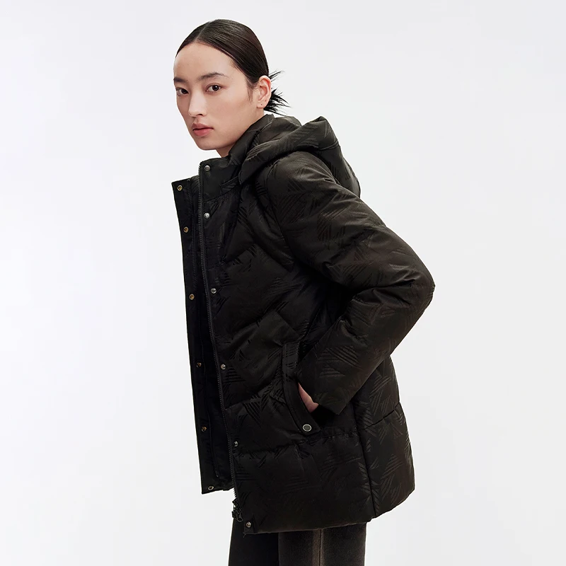 Chericom レディース ブラック フード付きダウンジャケット ジャカードパターン 暖かいパファージャケット ショート 冬の必需品 ジッパーパファージャケット Y299300Y