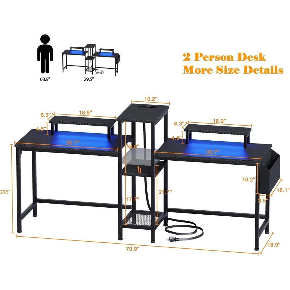 Double Table with LED Lights, 71 Inch Computer Desk, Power Socket and Monitor Stand, Storage Bag and Headphone Hook