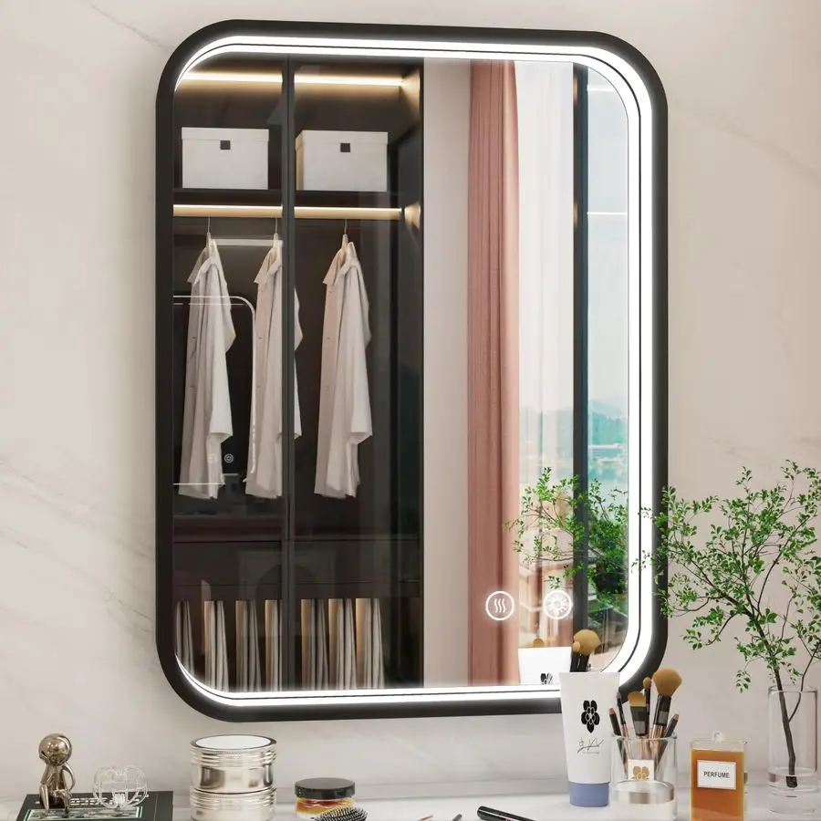 

Черное LED-зеркало для ванной комнаты с подсветкой, 3000K 4500K 6000K, настенное зеркало для ванной с подсветкой, с плавной регулировкой яркости