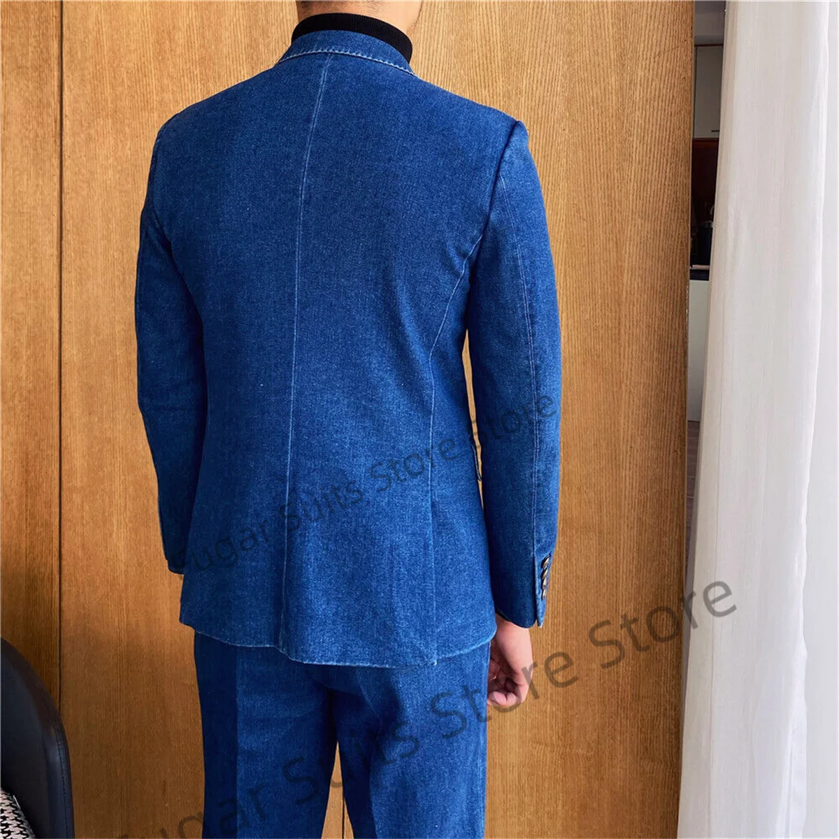 Fashion Denim Blue For Men Tailor Made Double-Breasted Slim Fit  Groom Tuxedos 2 Pieces Sets Elegant Male Blazer Costume Homme