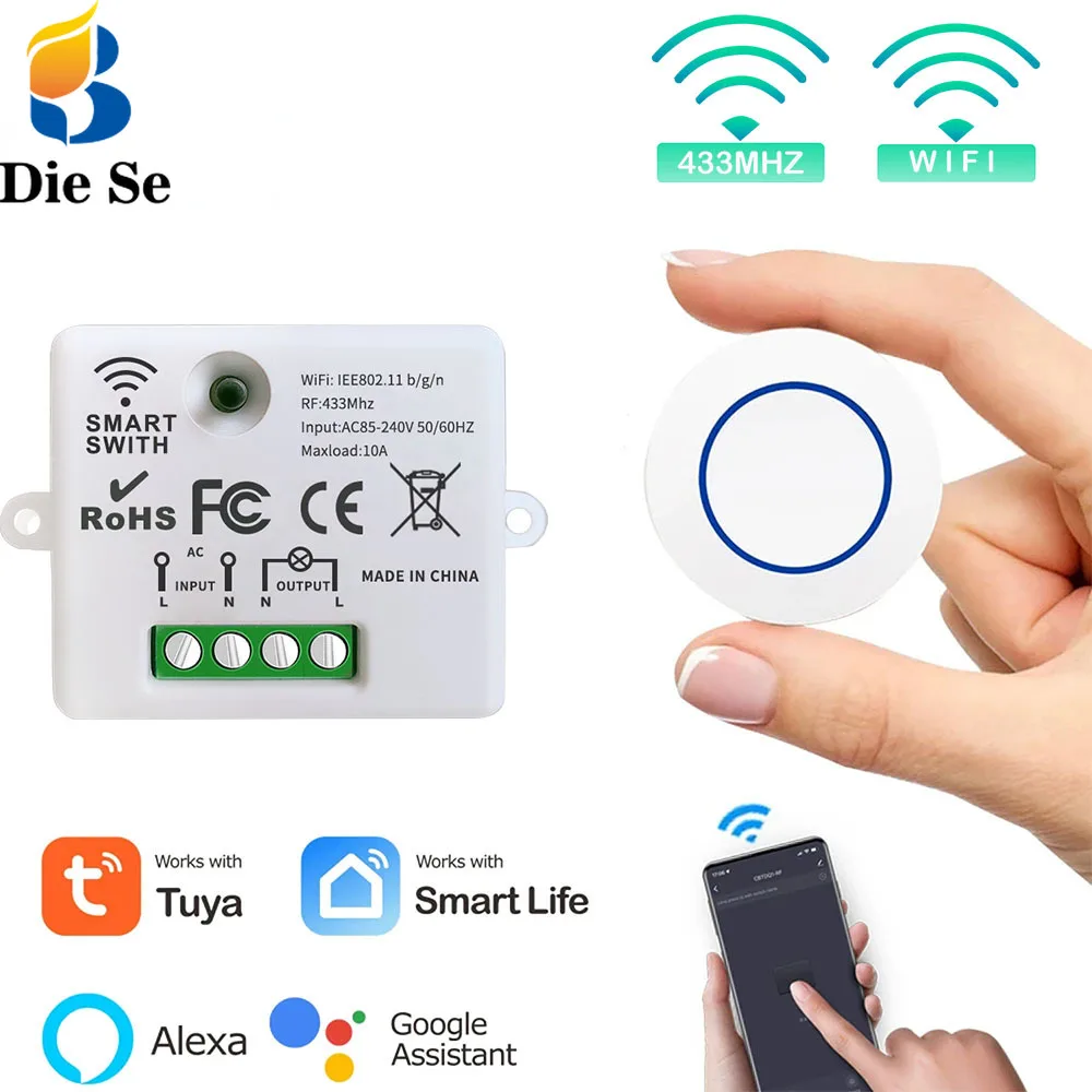 RF433Mhz Wireless Remote Control WIFI Switch Tuya Smart Life APP Push Button Light Switch Mini Relay Module Google Home Alexa