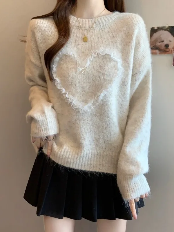 

Korean Sle Long Sve Lace Trim Heart aped Loose Women's Sweater plus Size Super Slimming Top for Autumn Winter