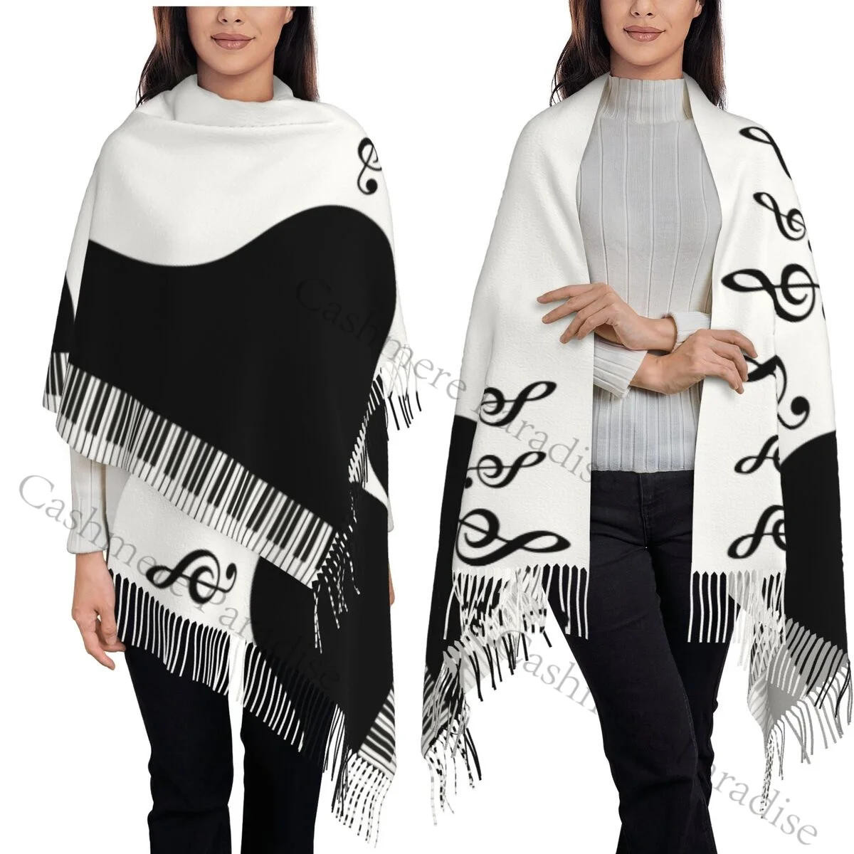 ピアノと音符の白い背景の女性用ソフトスカーフ-暖かいソフトスカーフ-冬用ハロウィンショール