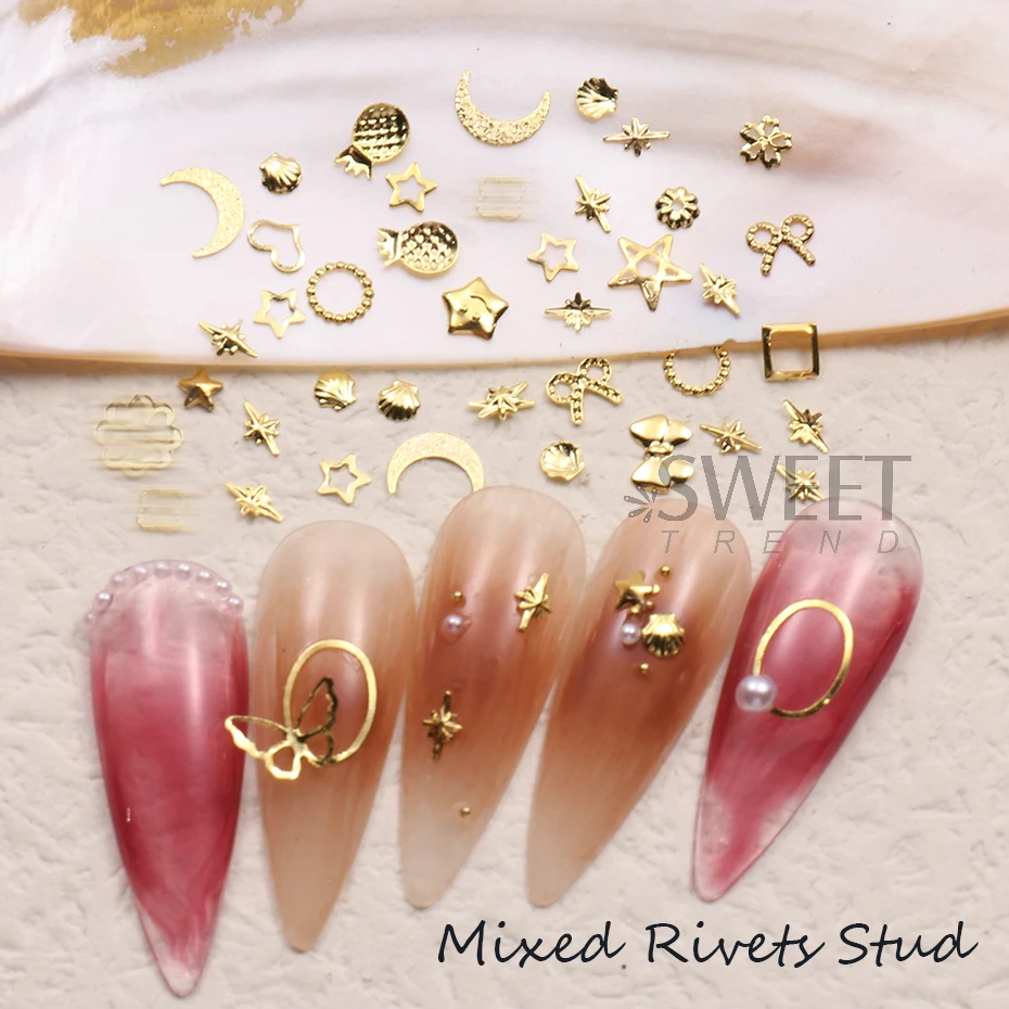 Rivetti in metallo Nail Art Charm Oro Argento Luna Stella Cornice Farfalla Gioielli Fette Pentagramma lucido Accessori per manicure Ornamenti