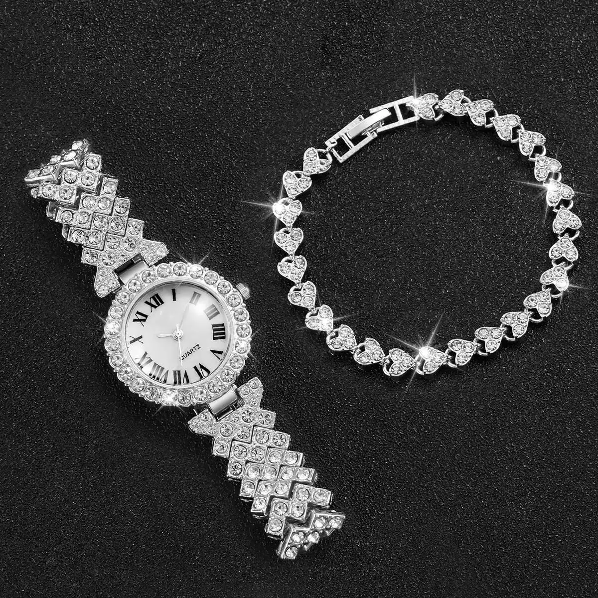 2PCS/Set Fashion Rhinestone Women's Watch Silver Band Ladies Quartz Watches Bracelet Set Reloj Mujer（Without Box）
