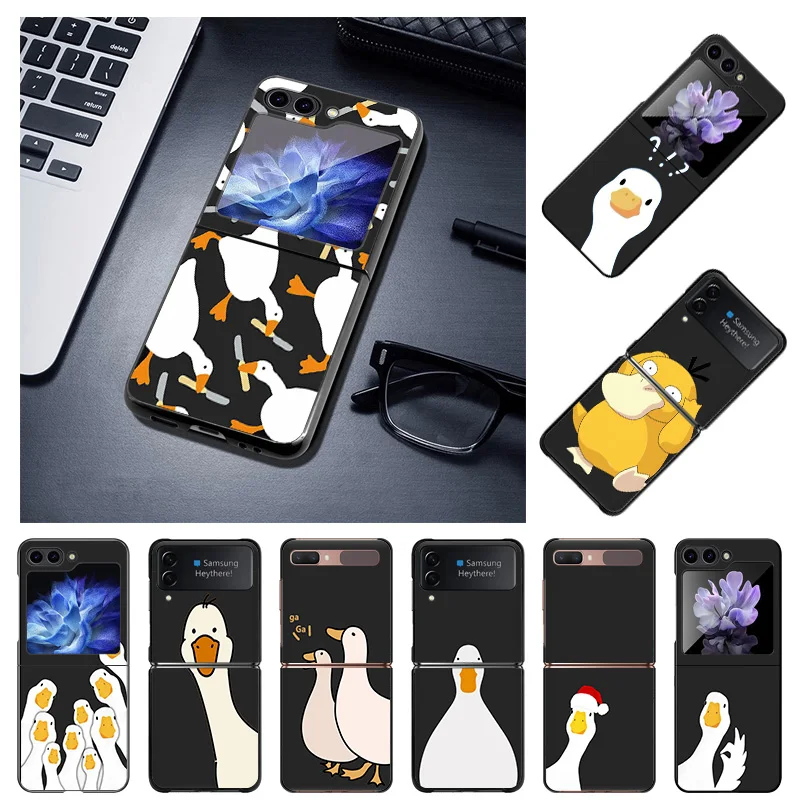 Black Phone Cases for Samsung Z Flip 6 5 4 3 5G Doubt Duck Cute Hard Galaxy ZFlip6 Flip5 Flip4 Flip3 Mobile Phone Shell Cover