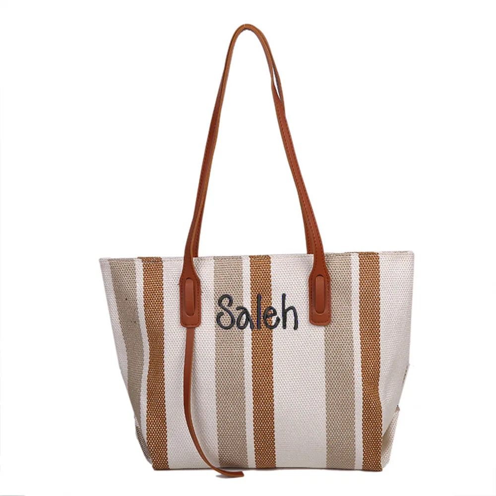 

Embroidered Women's Hand-held Bag With Vertical Stripes, Large Capacity And Simple Outdoor Storage Bag, Name Custom shoulder bag