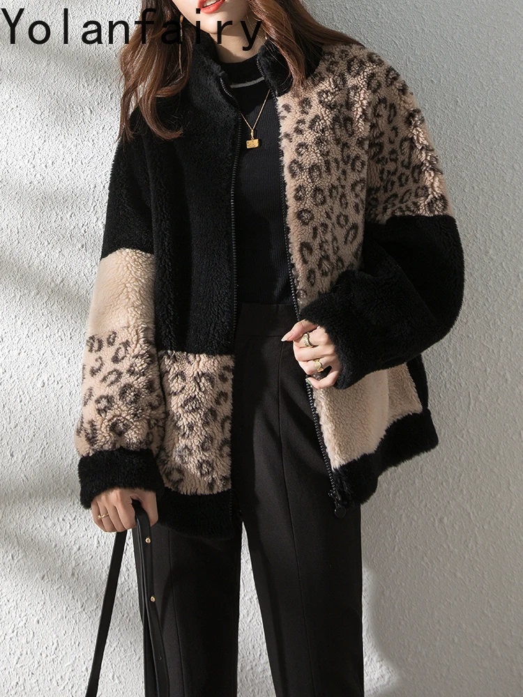 YOLANFAIRY 100% Wool Genuine Fur Coat Women Leopard Print Shearing Womens Clothes Lamb Mid-length Jacktet Winter Chaqueta Mujer