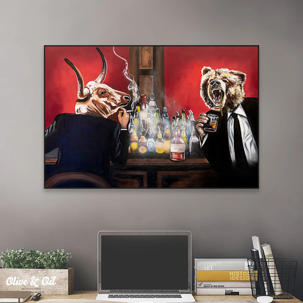 Colorful Bear Bull Stock Market Print Cartoon Poster Bear Bull Exchange Financial Canvas Painting Home Office Wall Decoration