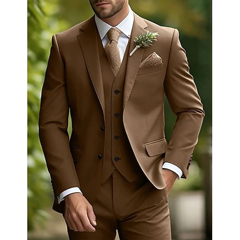 

Slim Fit Brown Men's Suits Luxury Wedding 3 Piece Jacket Pants Vest Single Breasted Notch Lapel Elegant Blazer Costume Terno