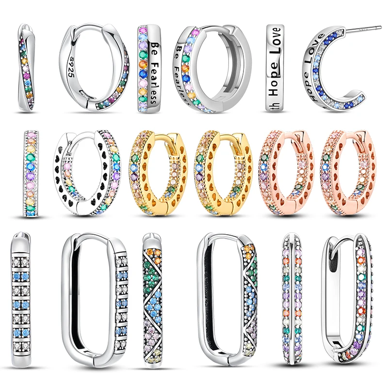 100% S925 Sterling Silver Hoop Earrings Colorful Zircon Minimalist Ear Needle Ear Buckle Wedding Women Jewelry Gifts