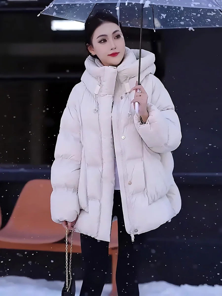 Chaqueta de Plumón para Mujer, Color Blanco, con Capucha, Abrigo de Invierno Cálido, Estilo Dulce y Elegante, Largo Regular, Sin Marca