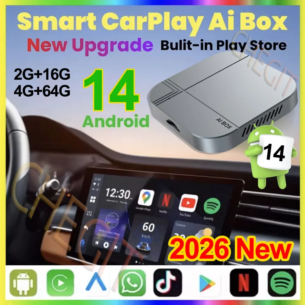

New Android 14 Carplay Ai Box Android Auto Wireless Carplay Adapter Car Multimedia Player Auto Connect For YouTube Netflix