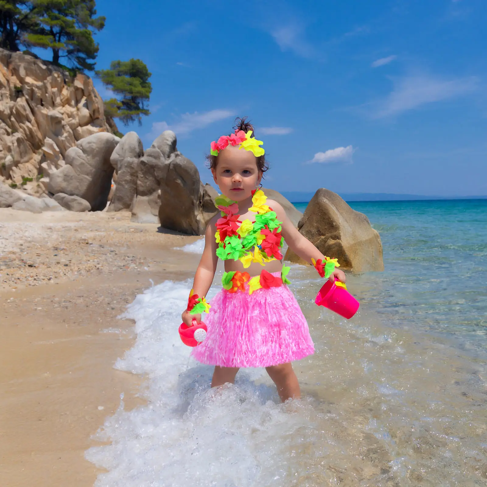 

1Set Hawaii Theme Costume Set Elastic Bra Straw Skirt Garland Headband Bracelets Hawaiian Party Dress Up Props Luau Photo