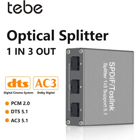 Tebe 디지털 오디오 분배기, 1X3 Spdif Toslink 광학 3 방향 어댑터, LPCM 2.0 DTS Dolby-AC3 지원, PS4, TV, Xbox, 앰프용